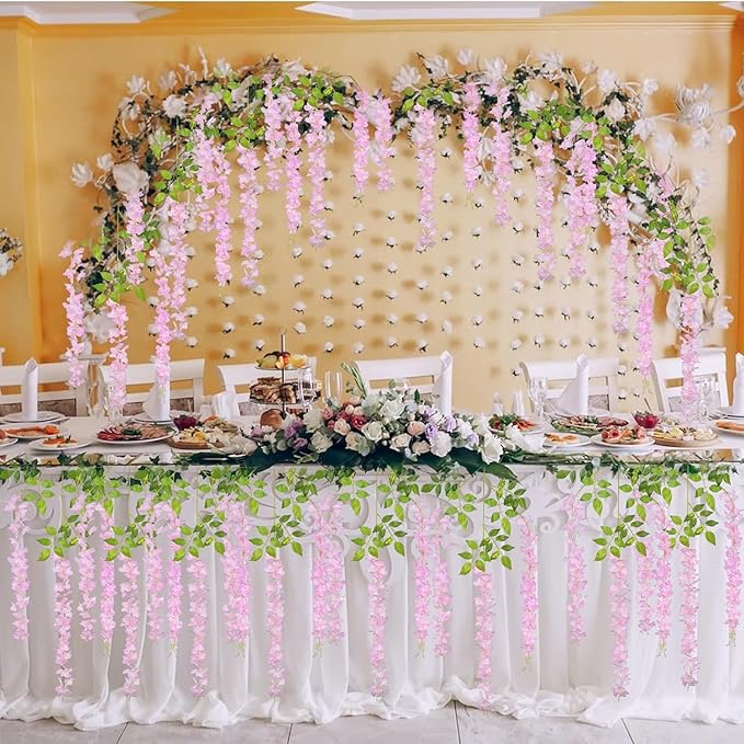24 Pack Pink Wisteria Hanging Flowers Garland, 3.77 Feet Artificial Flower Vines, Fake Wisteria, Artificial Vines Hanging Garland for Backdrop Outdoor Yard Garden Decor