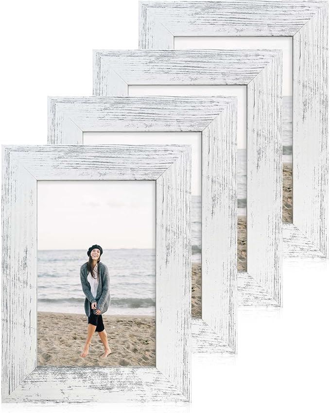 4x6 Picture Frame Set of 4, High Definition Glass Distressed White Frame, 4 x 6 Wood Photo Frames for Tabletop Display and Wall Mounting