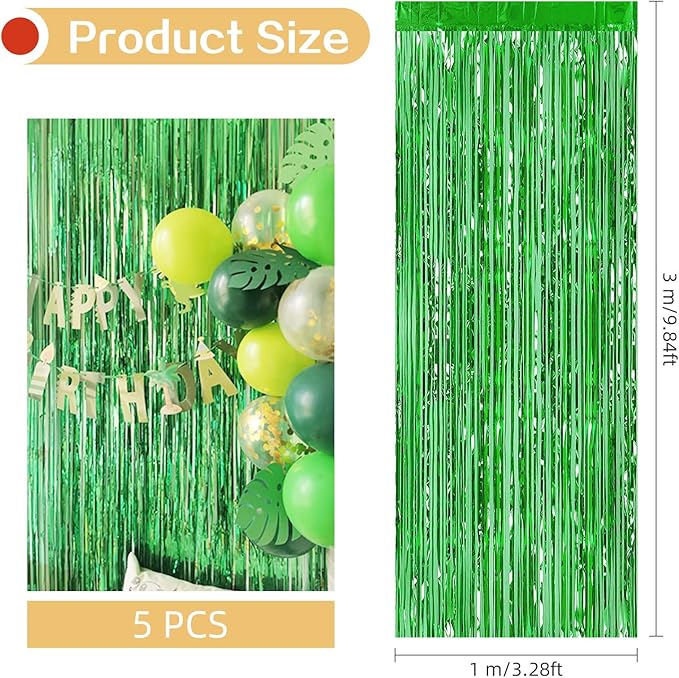 5 Pack Green Foil Curtain Backdrop 3.2ft x 9.8ft Metallic Tinsel Foil Fringe Curtains Streamer Photo Booth Backdrop for Birthday Party Engagement Bachelorette Party Decorations (Green)