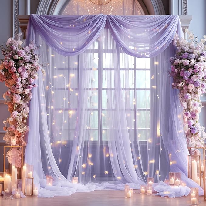 10x10ft Purple Tulle Backdrop Curtain with Lights String for Parites, Sheer Photo Backdrop Curtains with Lights for Wedding Backdrop Ceremony Reception Bridal Shower Baby Shower Birthday Party