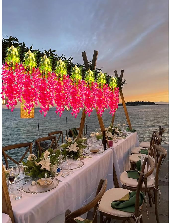 12 Pack Fuchsia Wisteria Hanging Flowers Garland with Lights, 3.44 Feet Artificial Flower Vines, Fake Wisteria, Artificial Vines Hanging Garland for Backdrop Outdoor Patio Garden Decor