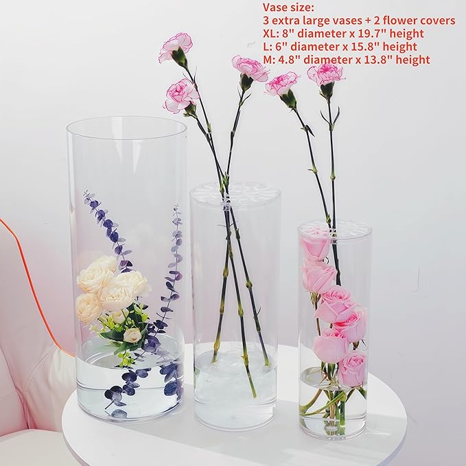 Extra Large Acrylic Cylinder Clear Vase for Floor, Tall Big Wide Mouth Plastic Unbreakable Hurricane Flower Vases of 3 for Home Decor (D 8" X H 19.7", D 6", D 4.8" + 2 Holder)