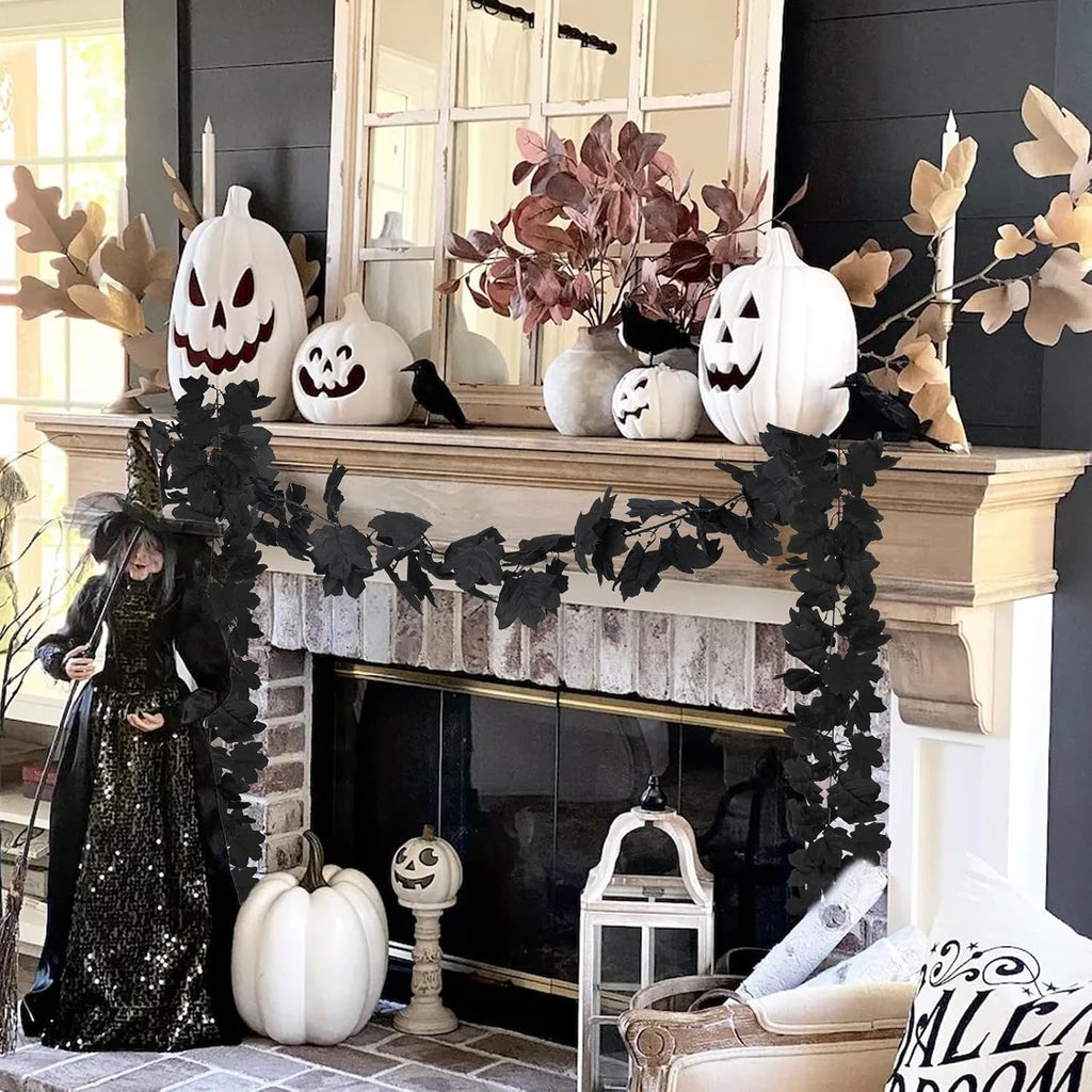 48ft black halloween garland 8pcs maple leaf, table, close-up detail