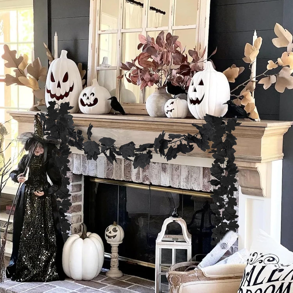 48ft black halloween garland 8pcs maple leaf, table, close-up detail