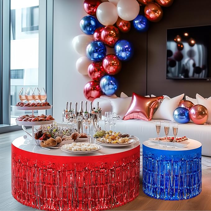 2 Pack Red Dark Blue Table Skirts, 29x108" Metallic Foil Tinsel Fringe Table Skirt for Rectangle Tables Streamer Curtains Backdrop, Party Decorations for Birthdays, Weddings, Holidays