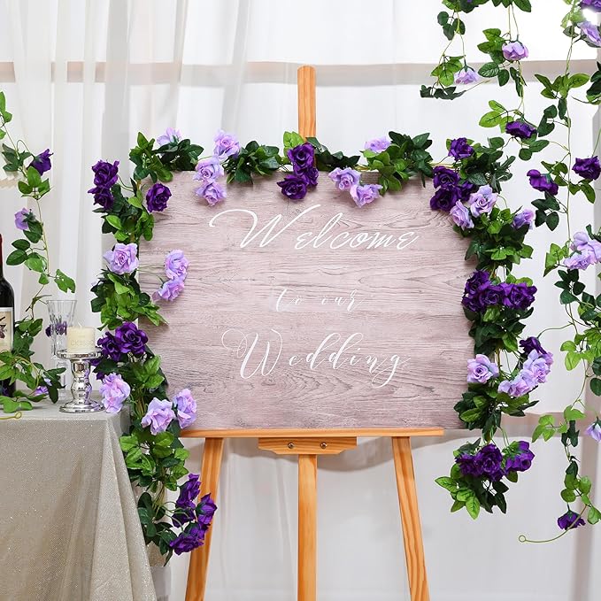 Floweroyal 4 Pack Artificial Flower Garlands 7.9FT Fake Rose Vines Silk Flowers Hanging Rose Ivy for Wedding Arch Party Home Garden Wall Decor (Purple)