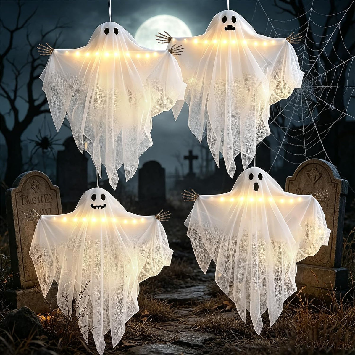 Halloween Decorations Outdoor 4 Pack 27.5" Light up Hanging Ghosts Decor