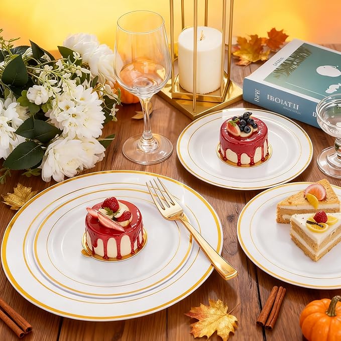 350 Pieces White and Gold Plastic Plates - 50 Guest Thanksgiving Dinnerware Set Include 100 Plates, 50 Plastic Silverware, 50 Napkins and 50 Cups for Thanksgiving