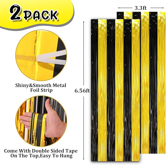 2 Pack Black and Gold Tinsel Foil Fringe Curtains, Black and Gold Party Decorations, Metallic Tinsel Party Streamers Backdrop for 2025 New Years Graduation Prom Party Decorations