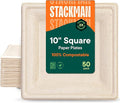 100% Compostable Square Paper Plates [50-Pack] - {PFAS-Free} - {BPI Certified} - [10 Inch] Heavy Duty, Eco-Friendly, Biodegradable Bagasse Dinner Plates - Natural Brown 10" Plate by Stack Man