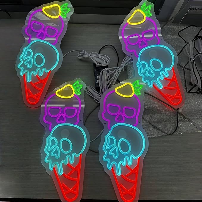 Halloween Ice Cream Skull Neon Sign, Quirky Gothic LED Wall Art,Skull Neon Light Ice Cream Neon Lighht Halloween Decor Wall Halloween Neon Sign Coffee Shop Decor, Christmas Party Bar Drink Shop-Purple