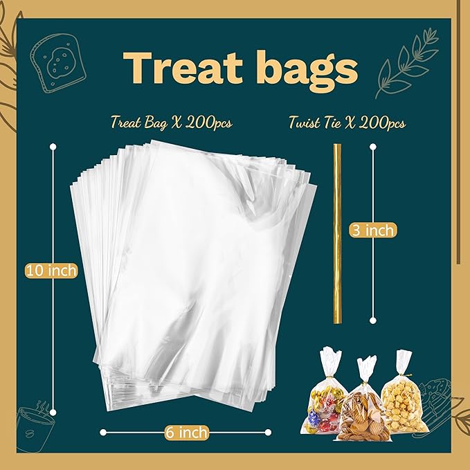 LOKIQNG Cellophane Bags Plastic Treat Bag Clear Cookie Candy Bags with Twist Ties for Party Favor Bag(200 Pack, 6x10inch)