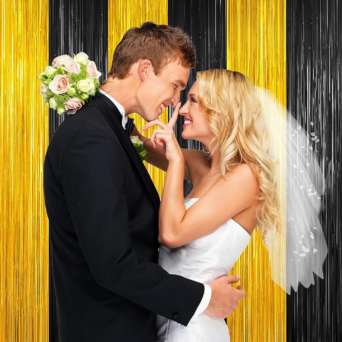 Black and Gold Party Streamers Decoration, 2Pack Graduation Tinsel Backdrop Party Decorations, Foil Fringe Backdrop for 2025 NYE/Anniversary/Farewell/Cocktail/Prom/EID/Birthdays Xmas Wedding Decors