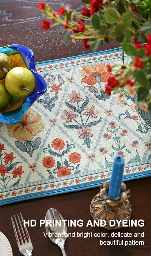 ISAENNE Designer Bohemian Elegant Linen Table Runner 71 Inches Long,Colorful Flower Pattern Table Runners for Dining Tables,Thanksgiving,Kitchen Tables,Christmas,12"*71"-Floralsea A