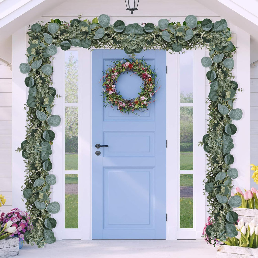 8.3' long faux eucalyptus greenery garland - silver, front angle view