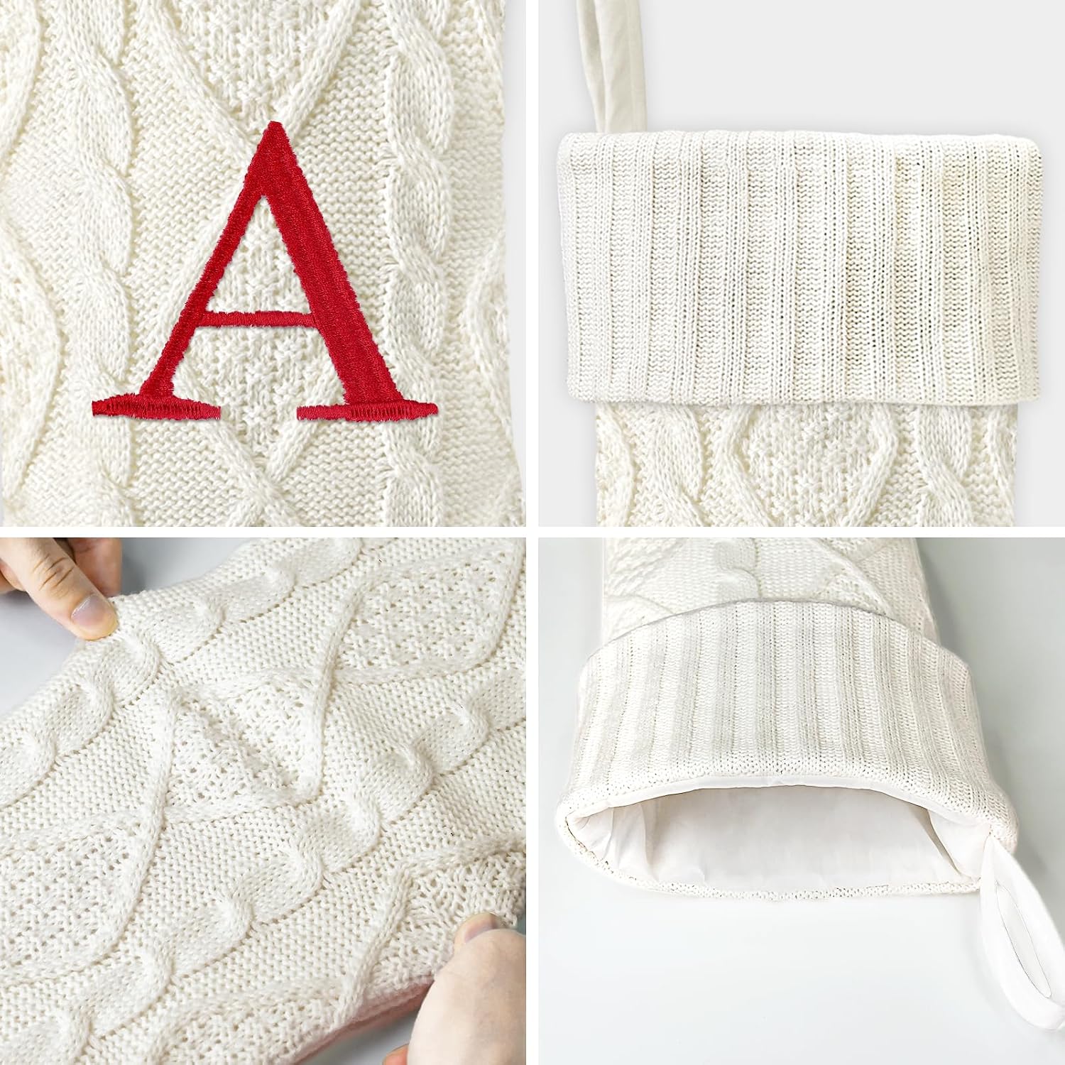 21 Inches Knitted Christmas Stockings with Initials, Large White Custom Monogram Embroidery Christmas Stockings with Letter, Personalized Xmas Decoration for Holiday Family Party-A