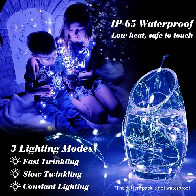 ZGWJ 100 Pack Fairy Lights Battery Operated, 7ft 20 Mini LED Fairy String Lights Silver Wire 3 Modes for DIY, Parties, Wedding, Bedroom, Halloween Christmas Decoration Blue