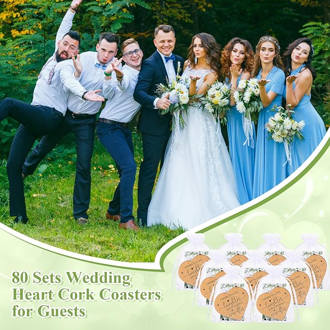 Uiifan 80 Set Wedding Favors for Guest Coaster Gifts Bulk Heart Shaped Coasters Thank You Cards Organza Bags Guest Souvenirs for Wedding Party Bridal Favors