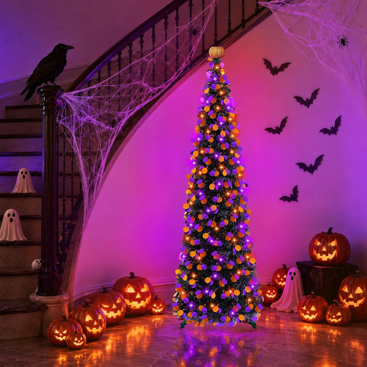 5FT Halloween Tree Decorations Indoor, Pop-up Orange Purple Halloween Tinsel ...