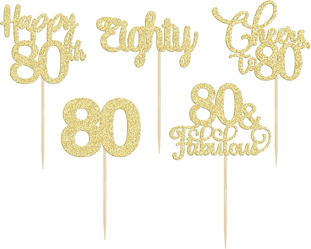 30 Pack Happy 80th Birthday Cupcake Toppers Gold Glitter Eighty Cheers to 80 Years Old Birthday Cupcake Picks for Happy 80th Anniversary Party Cake Decorations
