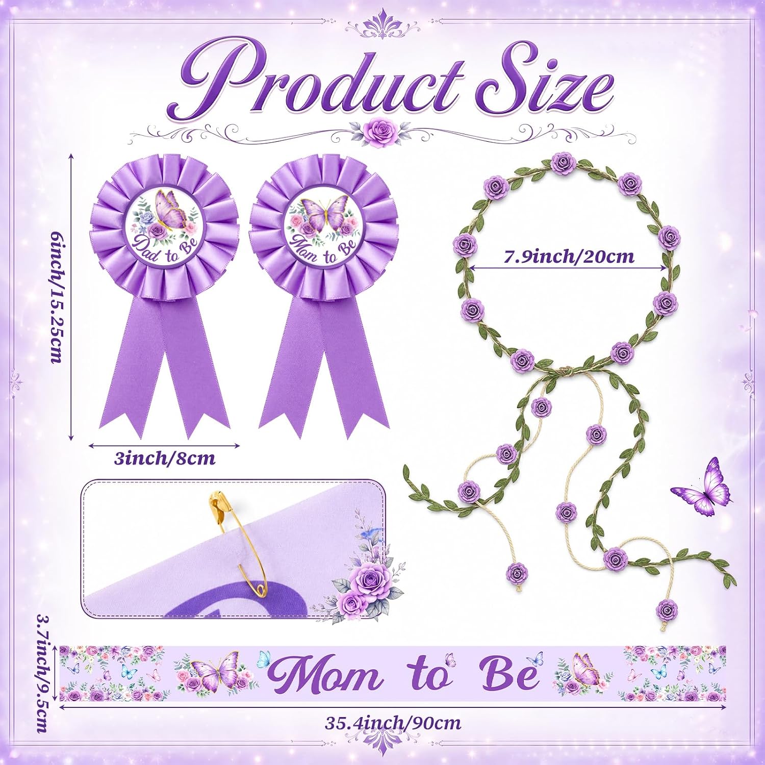 Chunful Butterfly Theme Mom to Be Sash Baby Shower Dad to Be Pin and Flower Crown Headband for Gender Reveals Party Baby Shower Party Favors for Girls Pregnancy Photo Props Gifts (Classic,Purple)