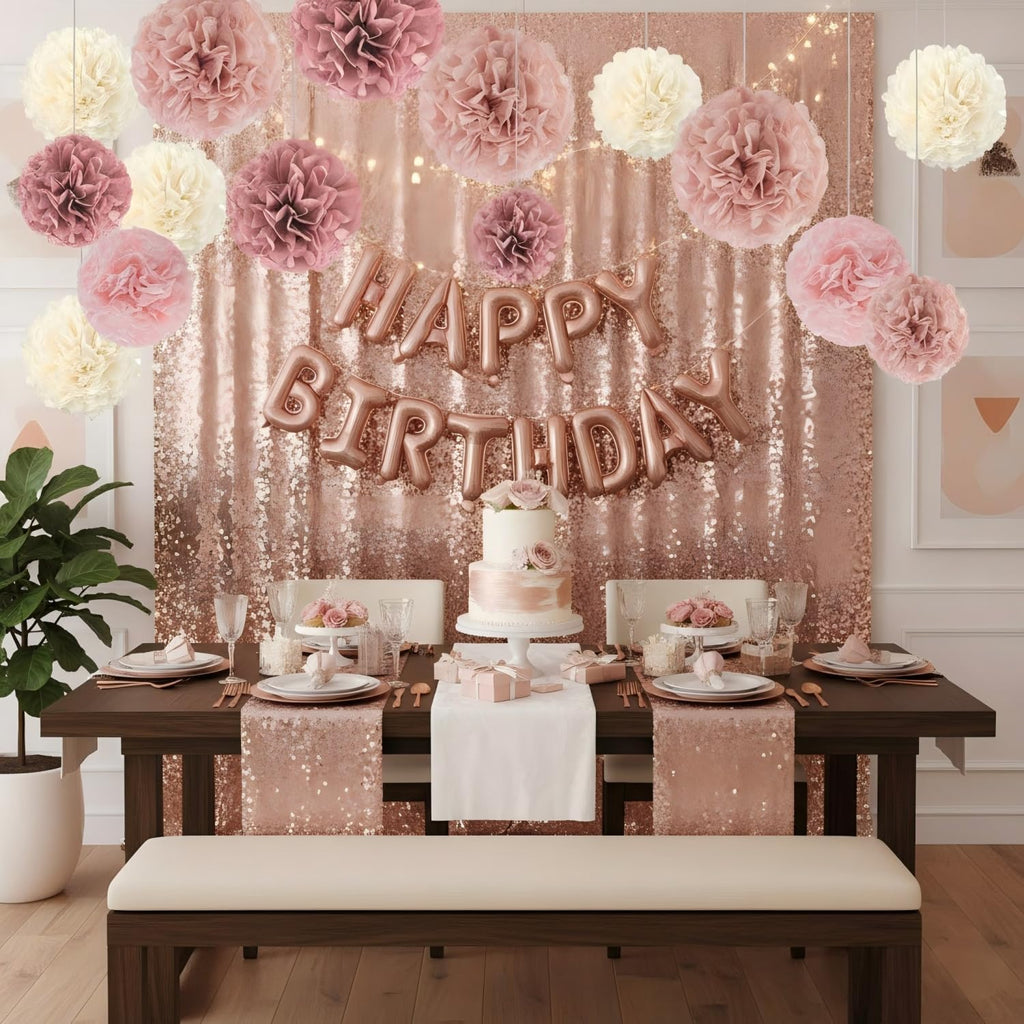 Boho Party Decoration,12pcs Blush Pink, Dusty Rose, Mauve, Cream Tissue Paper Pom Poms,Hanging Paper Flowers for Wedding Bridal Shower Bachelorette Party Decoration