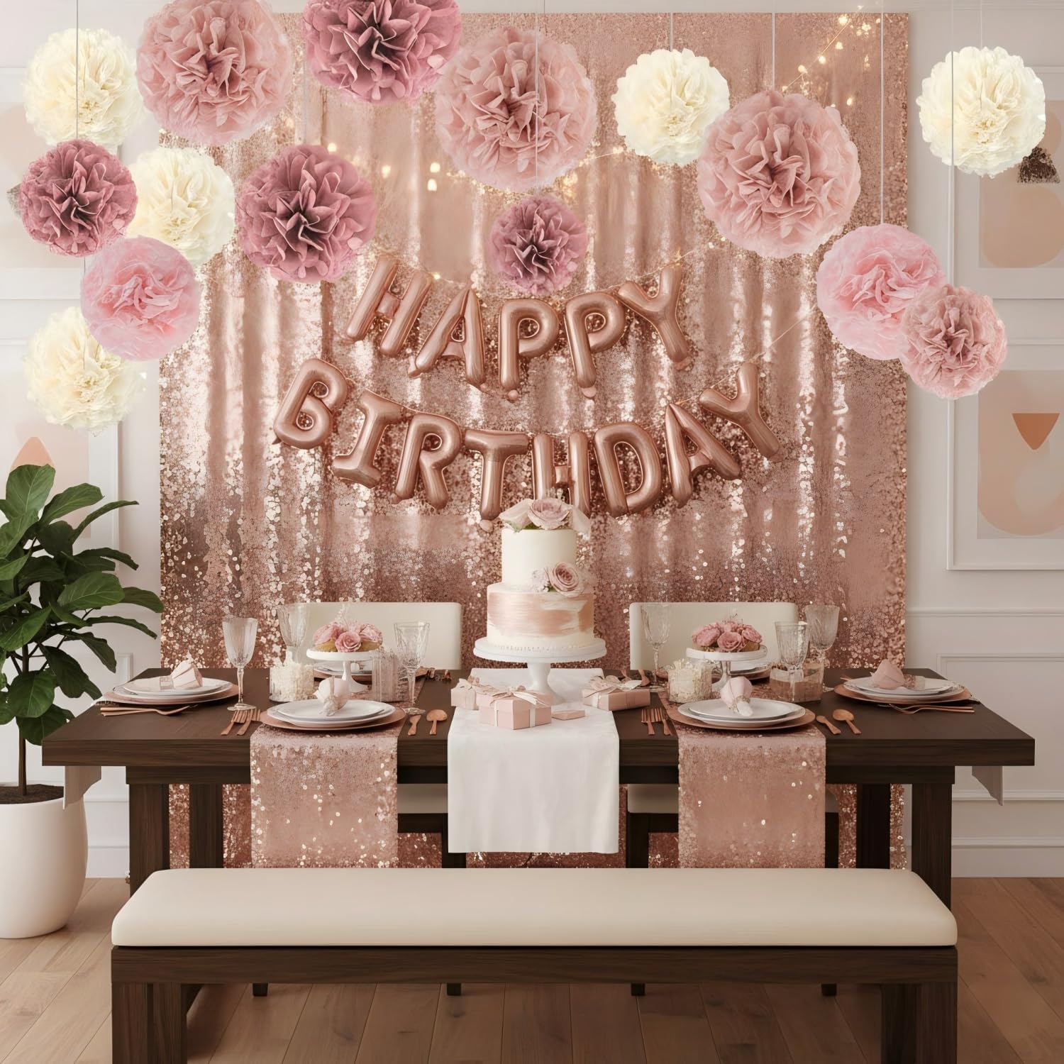 Boho Party Decoration,12pcs Blush Pink, Dusty Rose, Mauve, Cream Tissue Paper Pom Poms,Hanging Paper Flowers for Wedding Bridal Shower Bachelorette Party Decoration