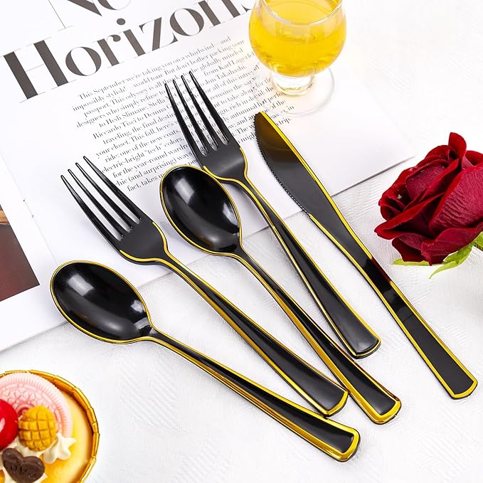 WDF 180 Pieces Black and Gold Plastic Silverware -Halloween Black Plastic Cutlery Incluede 60 Forks 60 Knives 60 Spoons Heavy Duty Disposable Flatware - Gold Utensils for Halloween/Party/Daily Use