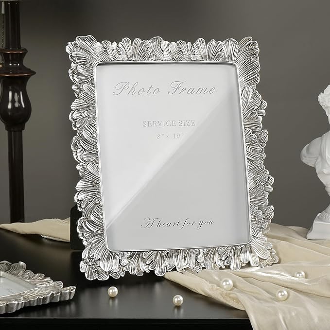 Cuspin 8x10 Picture Frame Silver, Vintage Silver Palm Leaves Textured Hand-Crafted Resin with Glass Front, Elegant Retro Design Photo Frame for Wall and Tabletop Display Home Decor