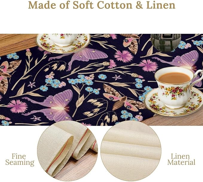 Moth Table Runner, Boho Aesthetic Moth Magic Table Runner for Home Kitchen Dining Party Indoor Outdoor Decoration 13x70 Inch