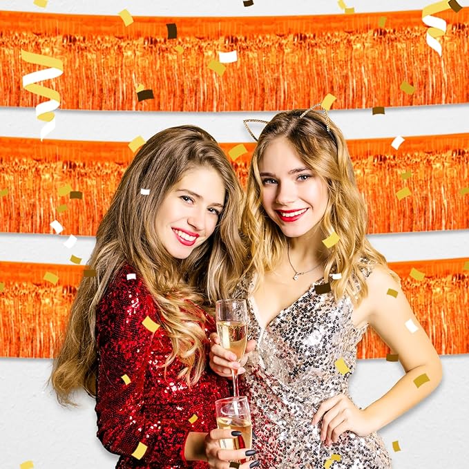 6 Pack 10 Feet Orange Foil Fringe Garland Metallic Tinsel Streamers Banner Wall Hanging Curtain Backdrop for Parade Floats, Birthday, Graduate, Mother's Day, Wedding Party Decoration