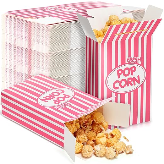 Xinnun 200 Pcs Paper Popcorn Boxes 1 oz Close Top Oil Proof Disposable Popcorn Container 6 x 4 x 2 Inch Stripes Leak Proof Popcorn Boxes for Party Movie Party Theater Night Birthday (Pink)