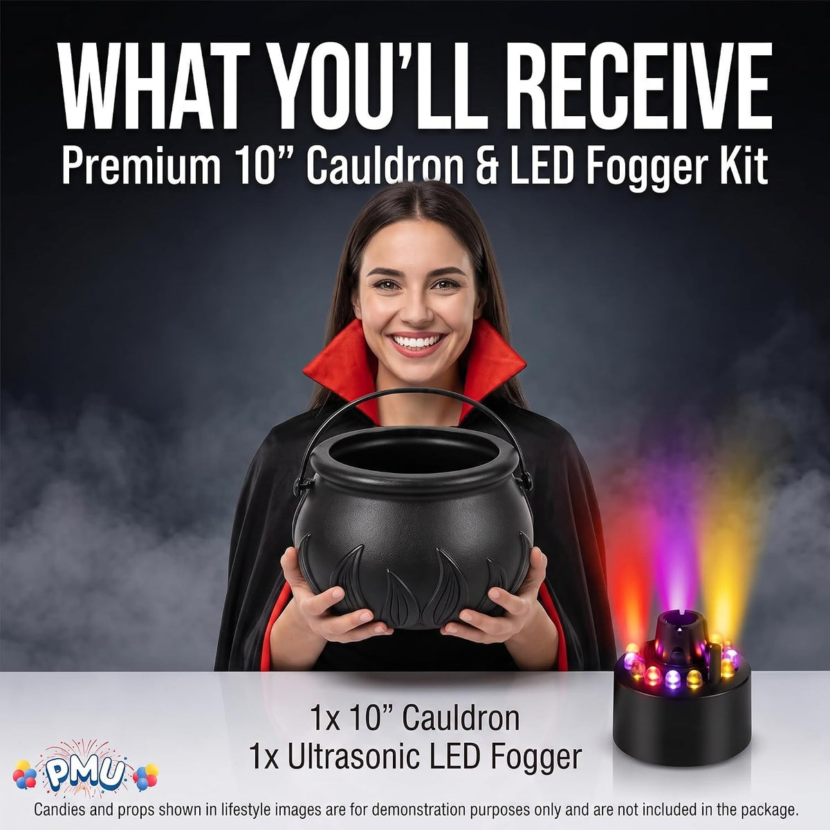PMU 2pc Cauldron set, 10in Black Cauldron w/Mist Maker & Multicolor Fogger