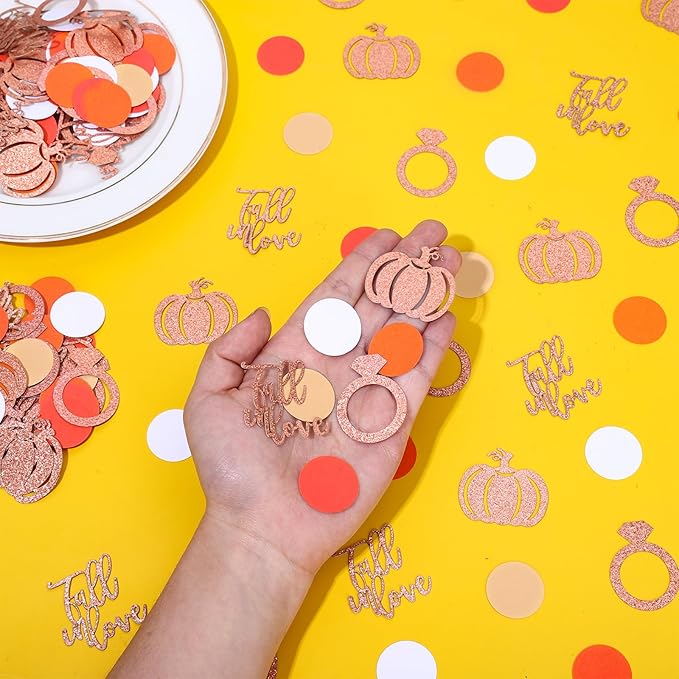 Whaline 280Pcs Fall Wedding Confetti Glitter Fall in Love Ring Pumpkin Paper Confetti Pink Orange Table Decorations for Autumn Wedding Baby Shower Birthday Party