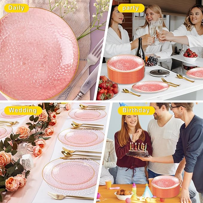 Rubtlamp 60 Pieces Pink Gold Plastic Plates - 10 inch Pink Plastic Dinner Plates - Hammer Pattern Design - Fancy Clear and Gold Disposable Plates Ideal for Mother's Day