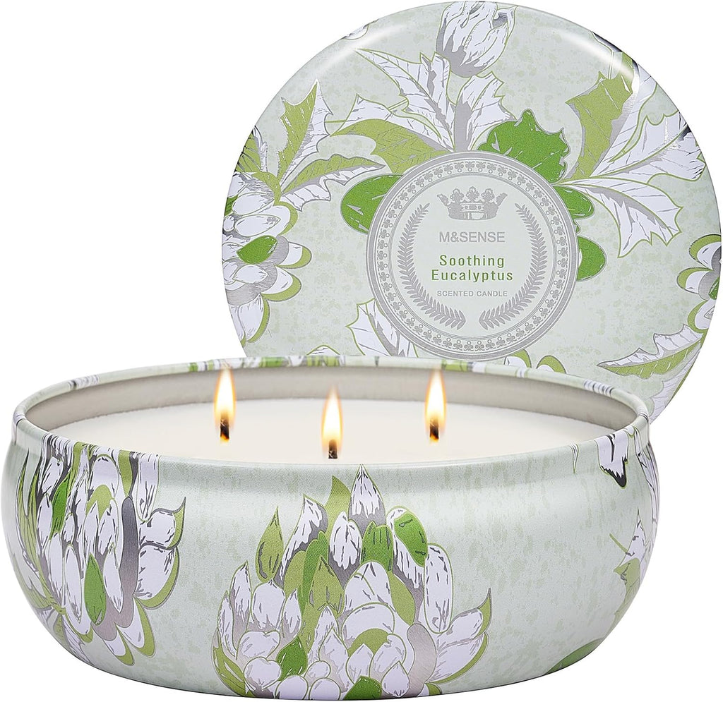 M&SENSE Soothing Eucalyptus Scented Candles, Large 3 Wick Soy Tin Candle, Over 40 Hour Burning Time, 100% Natural Vegan Wax, Relaxing Aromatherapy Aesthetic Candle Gift for Women Men