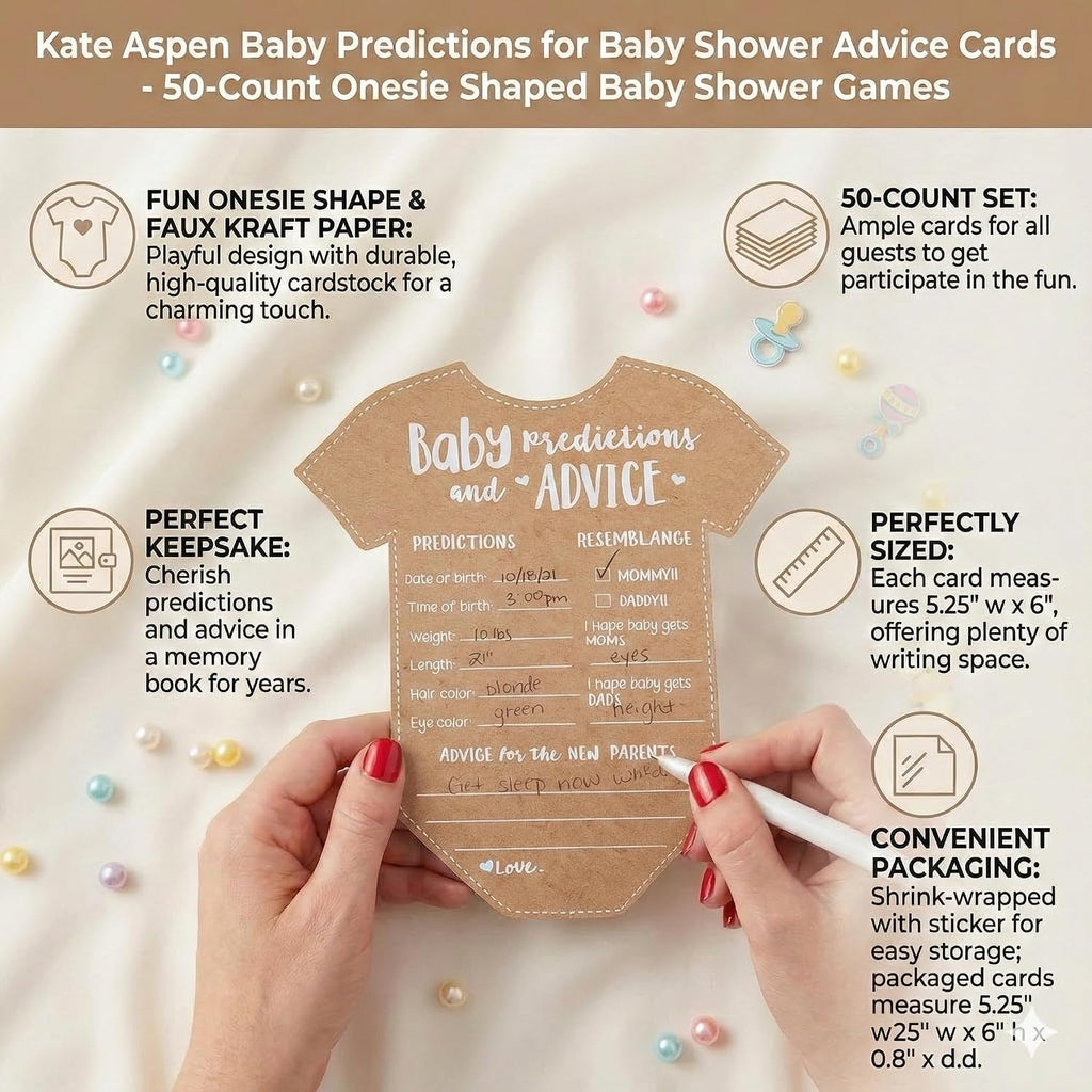 Kate Aspen Baby Predictions for Baby Shower Advice Cards - 50-Count Onesie Shaped Baby Shower Games for Girl or Boy - Gender Neutral Decor, Table Decorations, Activity and Keepsake For New Parents