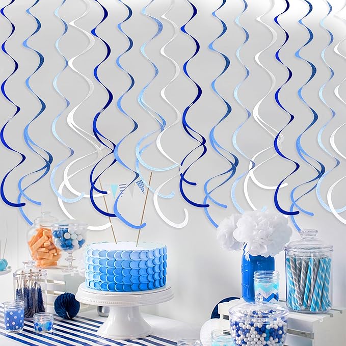 36 Pcs Blue Hanging Swirl Decorations Ombre Royal Blue White Felt Swirl Streamer Spiral Ceiling Garland for Birthday Wedding Baby Shower Graduation Under The Sea Nautical Ahoy Achor Party Supplies