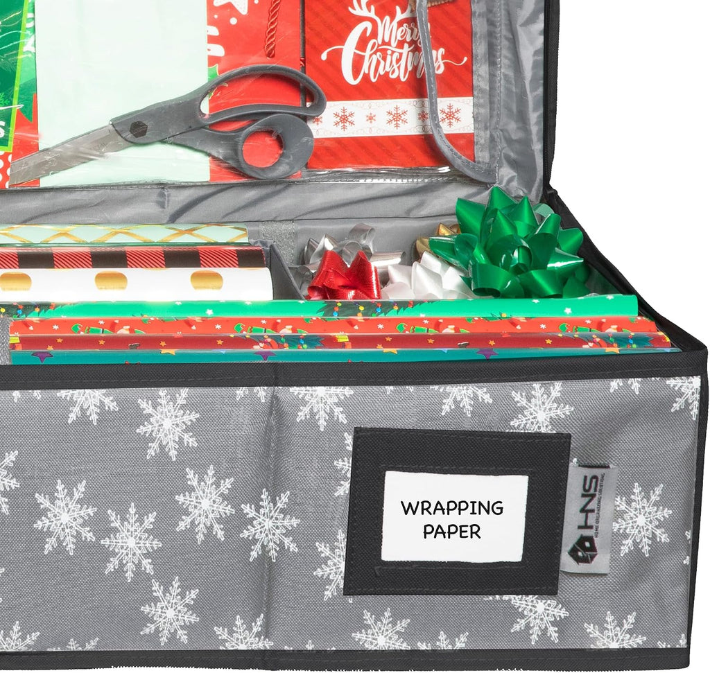 HOLDN’ STORAGE Premium Wrapping Paper Storage Container - Durable 600D Tear-Proof, Fits 27 Rolls Gift Wrap, Extra Pockets for Ribbons & Bows, Underbed Storage - Ideal for Holiday Christmas, Grey/White Snowflakes