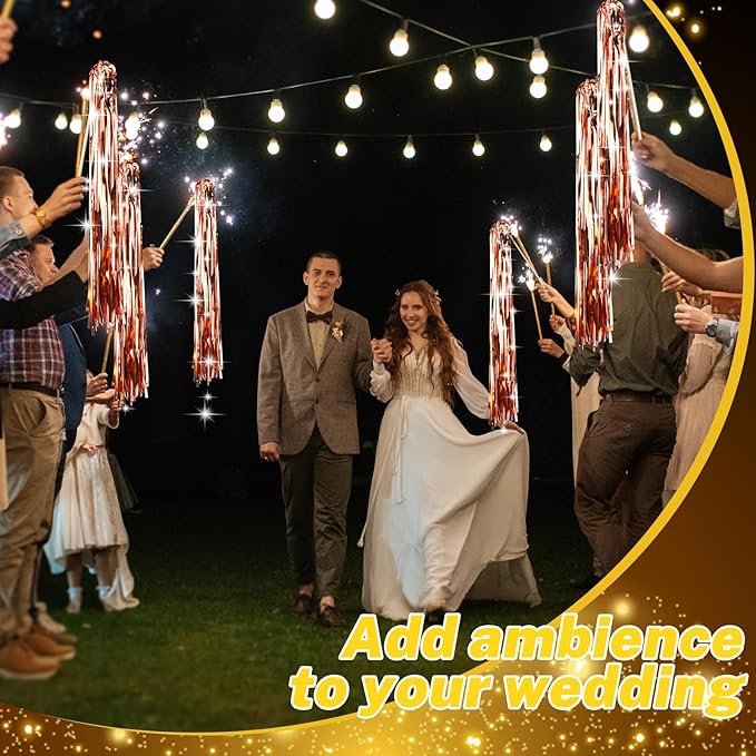 50 Pcs Wedding Fairy Wands with Bells Foil Tinsel Ribbon Stick Wands Tinsel Party Streamers with Bell Glittery Bridal Wedding Send Off Ideas Holiday Celebration (Rose Gold)