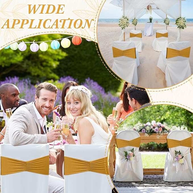 Moukeren 100 Pcs Spandex Chair Sashes Bows Bands Slider Sashes for Chair Covers Elastic Bands Ties Ribbon Decorations for Wedding Party Events Ceremony Birthday Banquet(Gold)