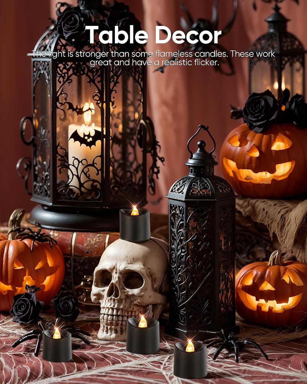 Homemory 12Pack 400+Hour Remote Control Flameless Candles, 2/4/6/8H Timer Led Votive Candles, Battery Operated Tea Lights for Wedding Table Centerpiece, Holidays, Halloween Pumpkins-Black Base