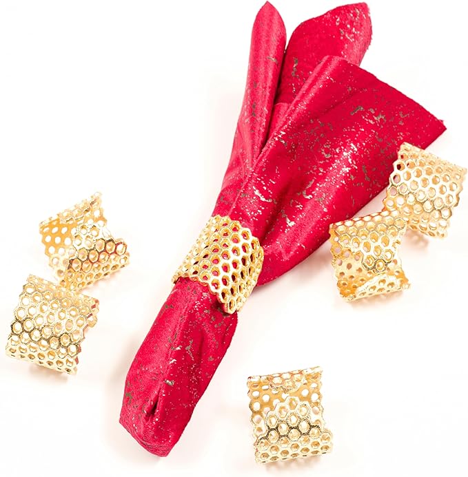 Gold Honeycomb Napkin Rings Set of 10 - Elegant Lightweight Metal Serviette Holders for Dining Table, Wedding, Party & Home Décor - CLEENTABLE