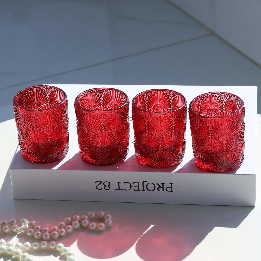 Woho Red Votive Candle Holders Set of 12 for Boho Wedding Table, Ginkgo Leaves Design Tealight Candle Holder Vintage for Christmas Decorations, Glass Tea Lights Candle Holder for Valentines Day Decor