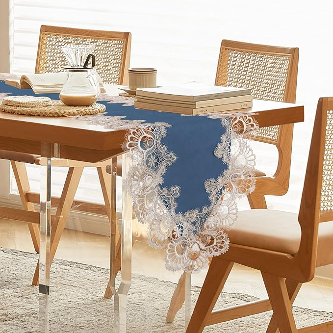 Vintage Lace Dining Table Runner, 108 Inches Macrame Coffee Table Runners for Kitchen Home Christmas Party Decorations (16x108 inch,Blue)