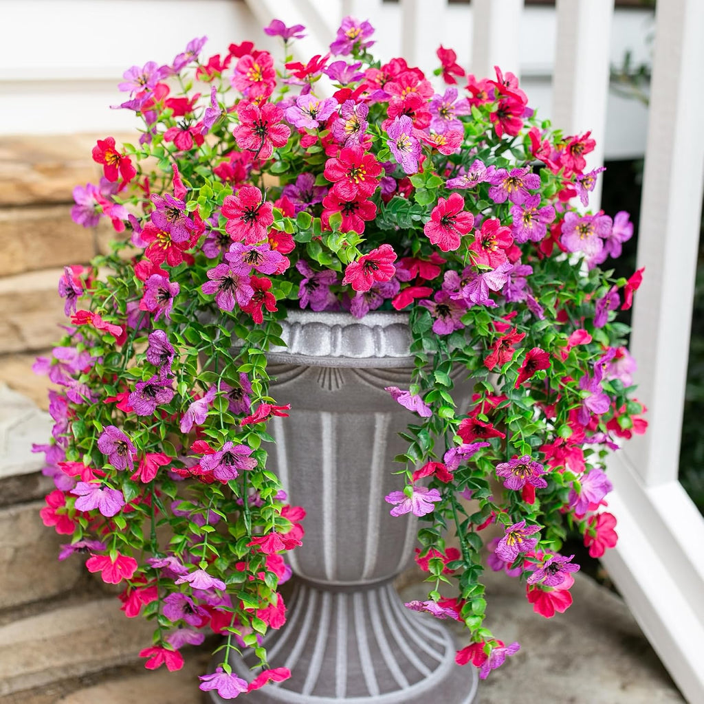 HyeFlora 2Pcs Fake Flowers Artificial Floral for Outdoors Decorations, Outside Flower Decor, UV Resistant Silk Flower for Front Porch Patio Garden(Purple and Hotpink)