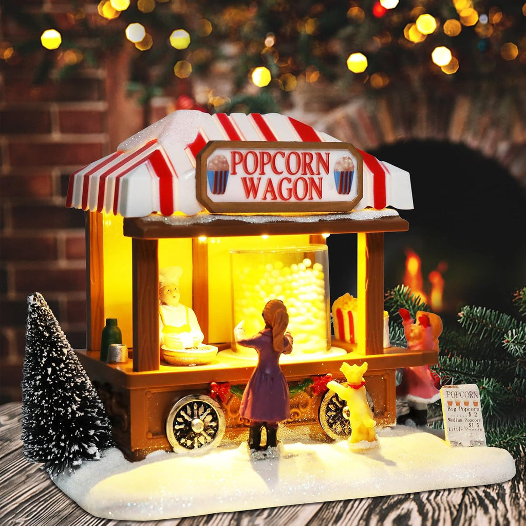 mumtop christmas village house, animated popcorn wagon with shown in use