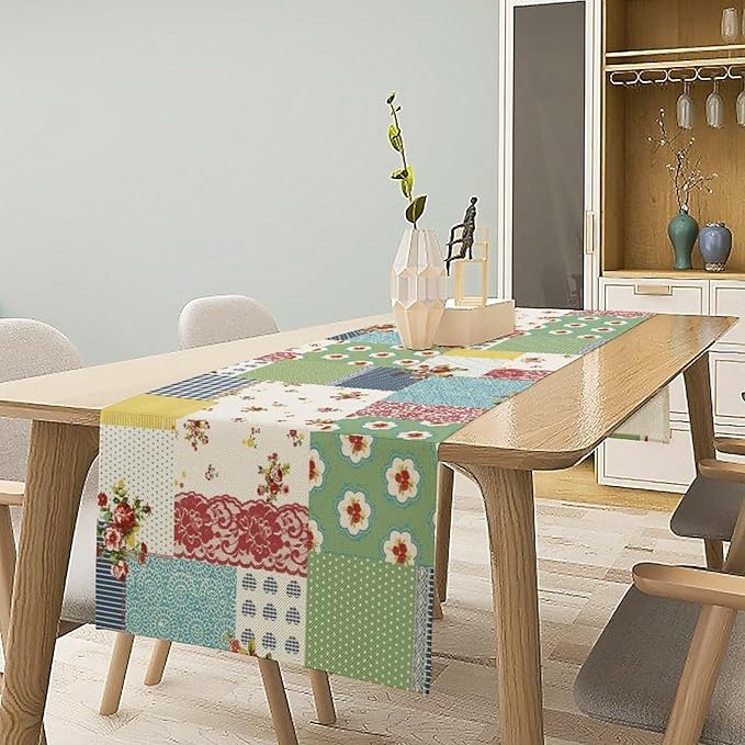 Patchwork Boho Table Runner,Vintage Colorful Floral Plaid Polka Dot Print Tablecloth Burlap for Hotel Indoors Outdoor Dining Room Kitchen Home Decor,W13X L70 in