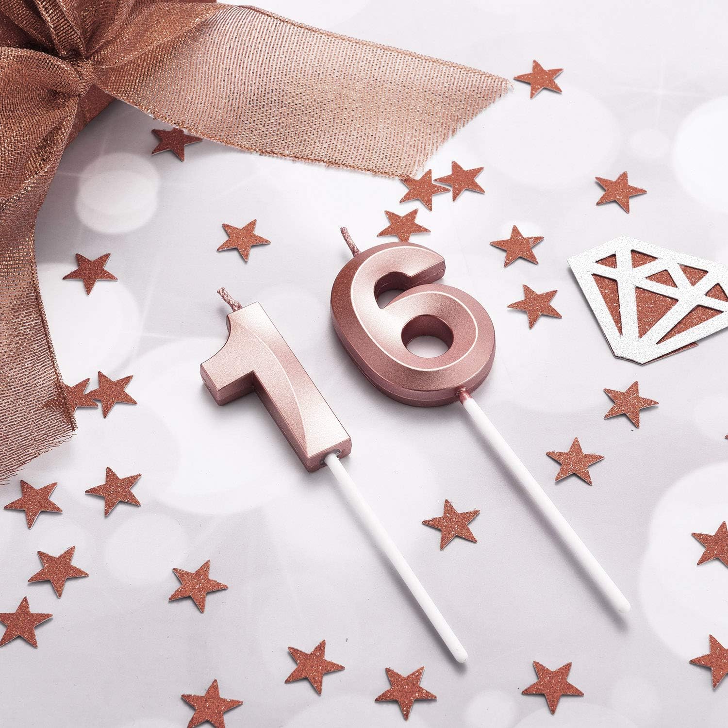 BBTO 16th & 61st Birthday Candles Number Candles Cake Topper Decoration for Birthday Wedding Anniversary Celebration Supplies(Rose Gold)