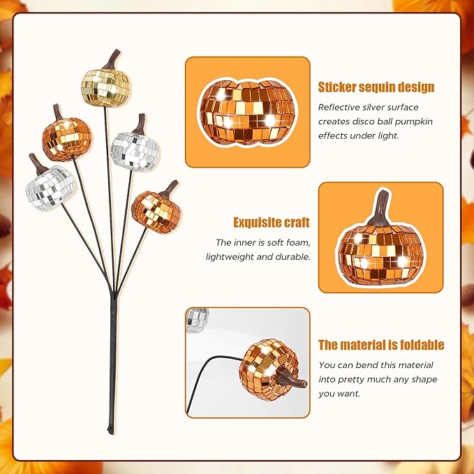 20Pcs Disco Halloween Decor, Disco Pumpkin Table Decoration, 14 Inch Artificial Glitter Mirror Pumpkin Sticks Ornament Halloween Thanksgiving Branches for Table Centerpiece Party Decor
